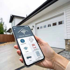 Smartphone displaying garage door opener app with WiFi connectivity and smart home integration features