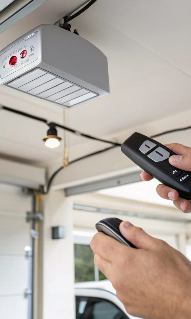 Close-up of hands programming a garage door remote control