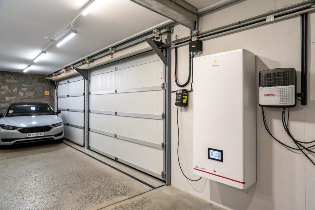 Professional garage door battery backup system installed in a garage