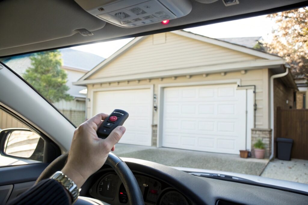A hand holding a garage door remote control inside a car, finger pressing the button, driver's perspective through windscreen showing a residential garage door