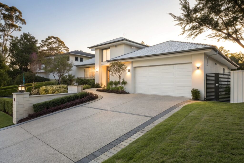 A modern luxury home exterior in a Sydney suburb with a closed white garage door, late afternoon sunlight, manicured front garden, wide driveway