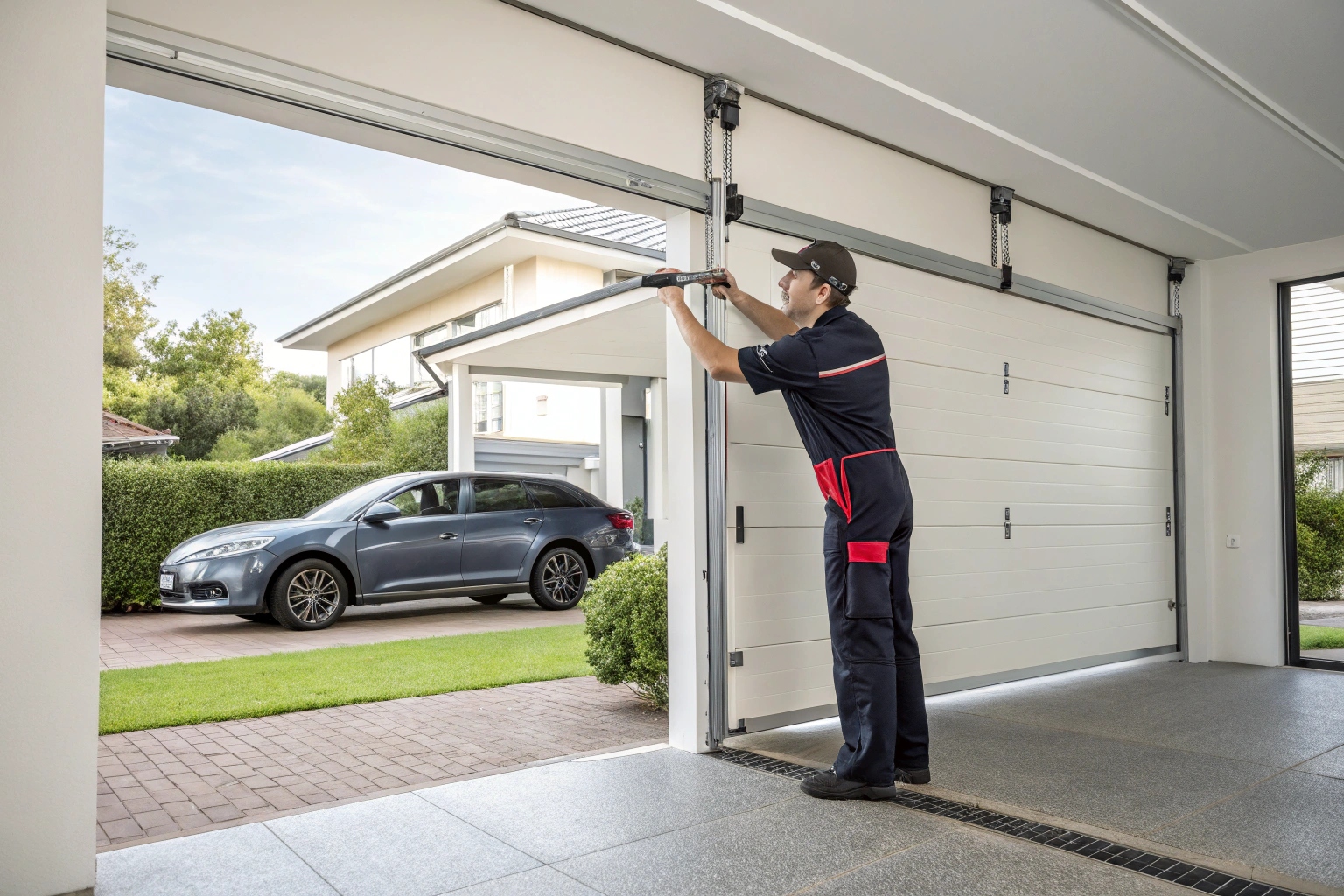 Professional technician in uniform servicing a sectional garage door from inside the garage