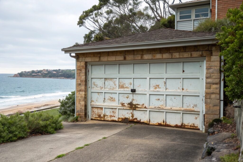 Corroded garage door panels from salt air exposure in coastal Sydney