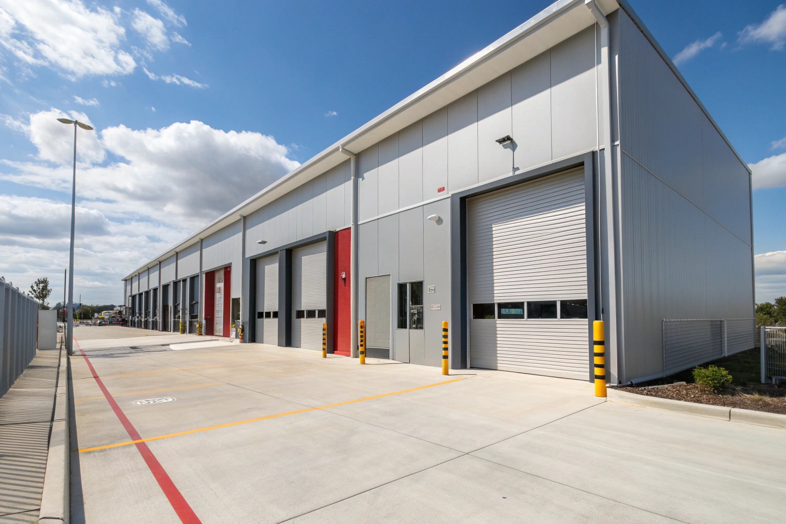 Commercial industrial building exterior with a fire-rated roller door